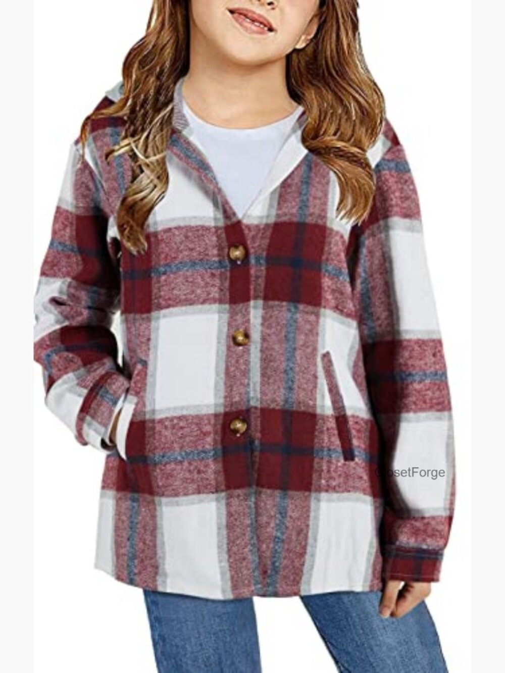 Girls Flannel Plaid Button Down Long Sleeve Hooded Jacket - Picture 2 of 7